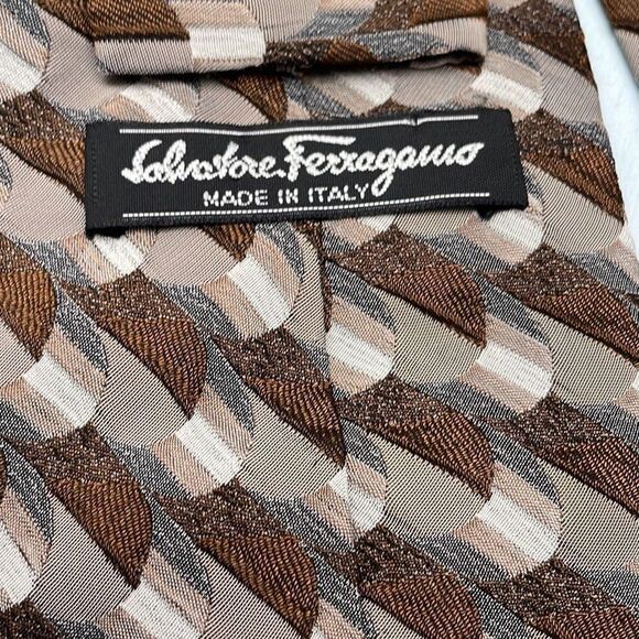 Ferragamo Silk Tie Mens Black Brown and Gray Handmade Made In Italy - Picture 7 of 8